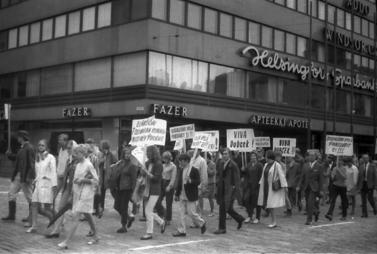 August 1968 <a href="/content/Helsinki" style="color:blue">Helsinki</a> demonstration against the <a href="/content/Warsaw_Pact_invasion_of_Czechoslovakia" style="color:blue">invasion of Czechoslovakia</a>