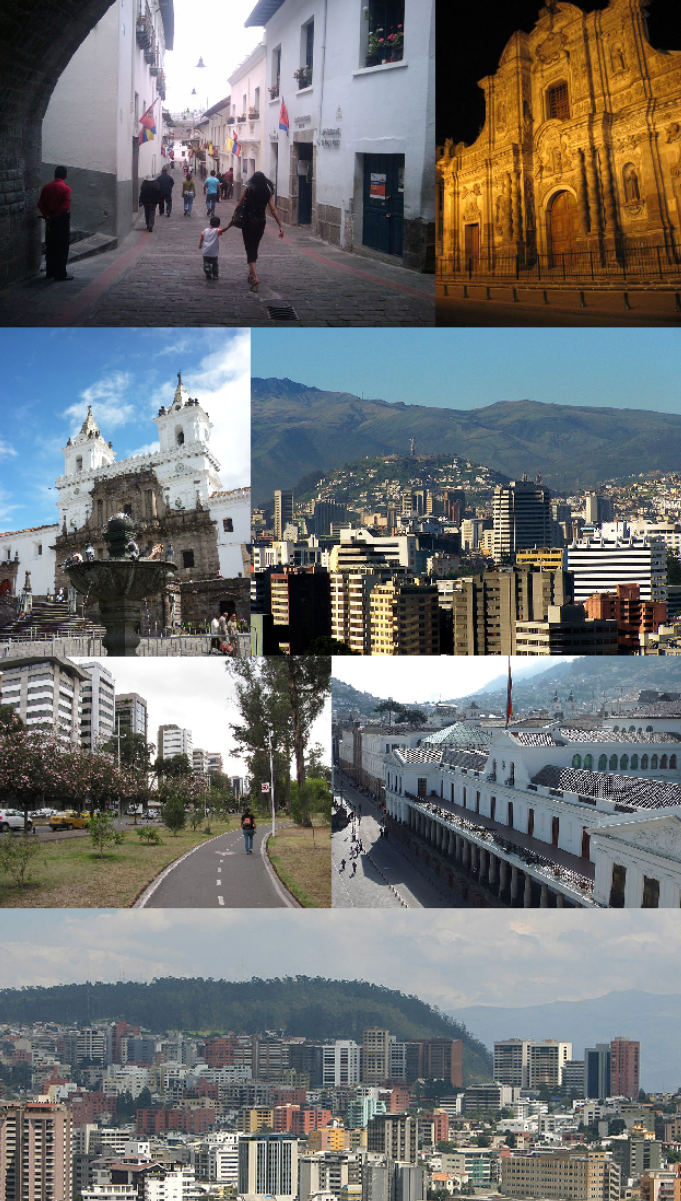 Clockwise from top: Calle La Ronda, <a href="/content/Church_of_the_Society_of_Jesus_(Quito,_Ecuador)" style="color:blue">Iglesia de la Compañía de Jesús</a>, <a href="/content/El_Panecillo" style="color:blue">El Panecillo</a> as seen from Northern Quito, <a href="/content/Carondelet_Palace" style="color:blue">Carondelet Palace</a>, Central-Northern Quito, <a href="/content/Parque_La_Carolina" style="color:blue">Parque La Carolina</a> and <a href="/content/Church_and_Convent_of_St._Francis" style="color:blue">Iglesia y Monasterio de San Francisco</a>
