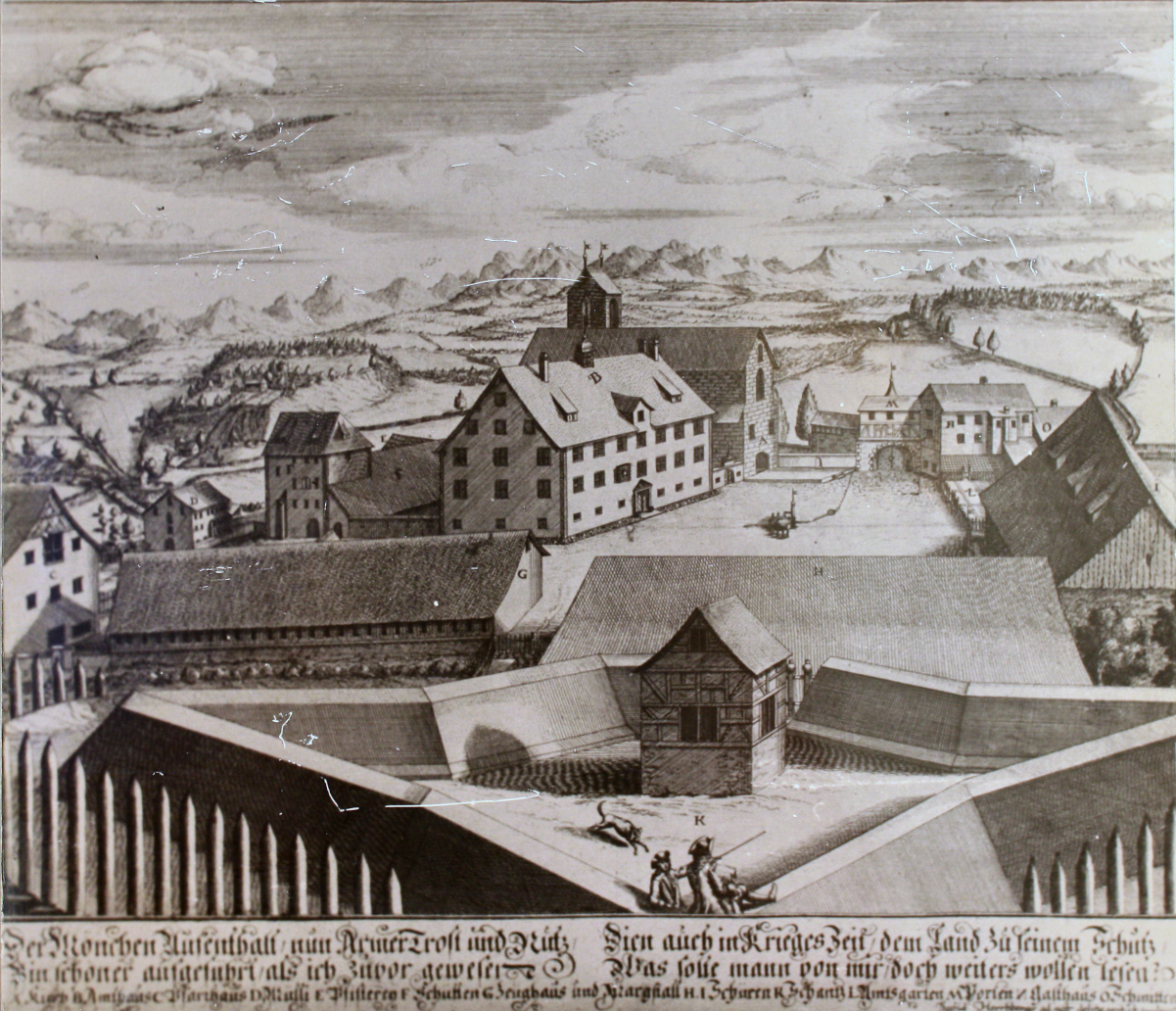 Rüti Monastery respectively the so-called <i>Amt Rüti</i> around 1740, as seen from the <i>Schanz</i> bulwark, the present <a href="/content/R%C3%BCti_Reformed_Church" style="color:blue">Rüti Reformed Church</a> is situated in the background.
