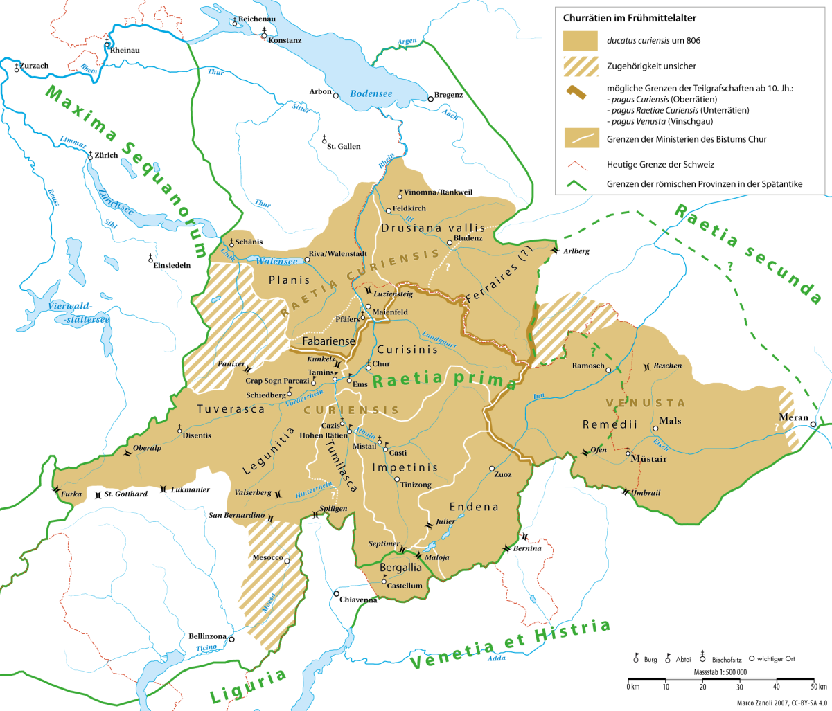 map of Raetia Curiensis during the 9th to 11th centuries