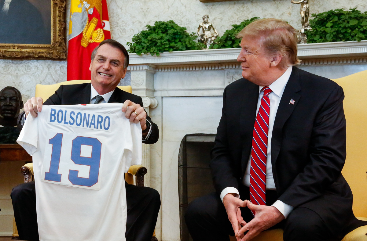 <a href="/content/Brazil" style="color:blue">Brazilian</a> President <a href="/content/Jair_Bolsonaro" style="color:blue">Jair Bolsonaro</a> with U.S. President <a href="/content/Donald_Trump" style="color:blue">Donald Trump</a> in March 2019