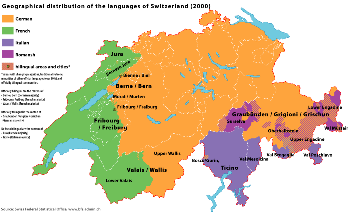 Language distribution in Switzerland (2000). The Romandy is shown in green.
