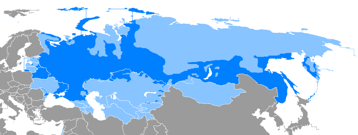 Areas where Russian is the majority language (medium blue) or a minority language (light blue)