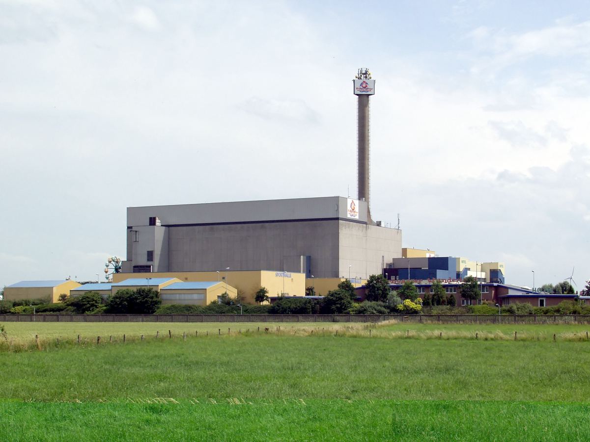 The reactor on the left, the vent stack on the right
