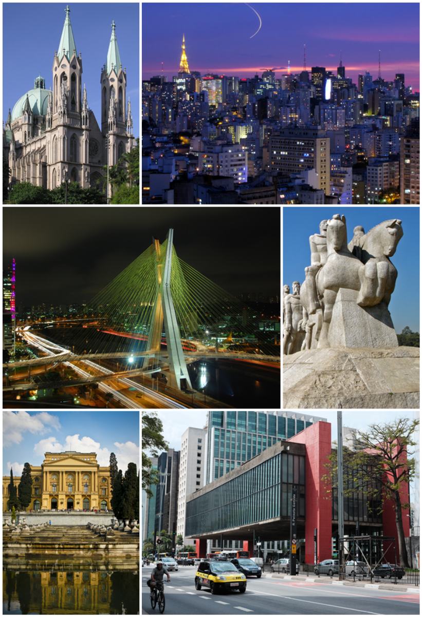 From the top, clockwise: <a href="/content/S%C3%A3o_Paulo_Cathedral" style="color:blue">São Paulo Cathedral</a> and the <a href="/content/Pra%C3%A7a_da_S%C3%A9" style="color:blue">See Square</a>; overview of the historic downtown from <a href="/content/Copan_Building" style="color:blue">Copan Building</a>; <a href="/content/Monument_to_the_Bandeiras" style="color:blue">Monument to the Bandeiras</a> at the entrance of <a href="/content/Ibirapuera_Park" style="color:blue">Ibirapuera Park</a>; <a href="/content/S%C3%A3o_Paulo_Museum_of_Art" style="color:blue">São Paulo Museum of Art</a> on <a href="/content/Paulista_Avenue" style="color:blue">Paulista Avenue</a>; <a href="/content/Museu_do_Ipiranga" style="color:blue">Ipiranga Museum</a> at the <a href="/content/Parque_da_Independ%C3%AAncia" style="color:blue">Independence Park</a>; and <a href="/content/Oct%C3%A1vio_Frias_de_Oliveira_Bridge" style="color:blue">Octávio Frias de Oliveira Bridge</a> over the <a href="/content/Marginal_Pinheiros" style="color:blue">Marginal Pinheiros</a>.