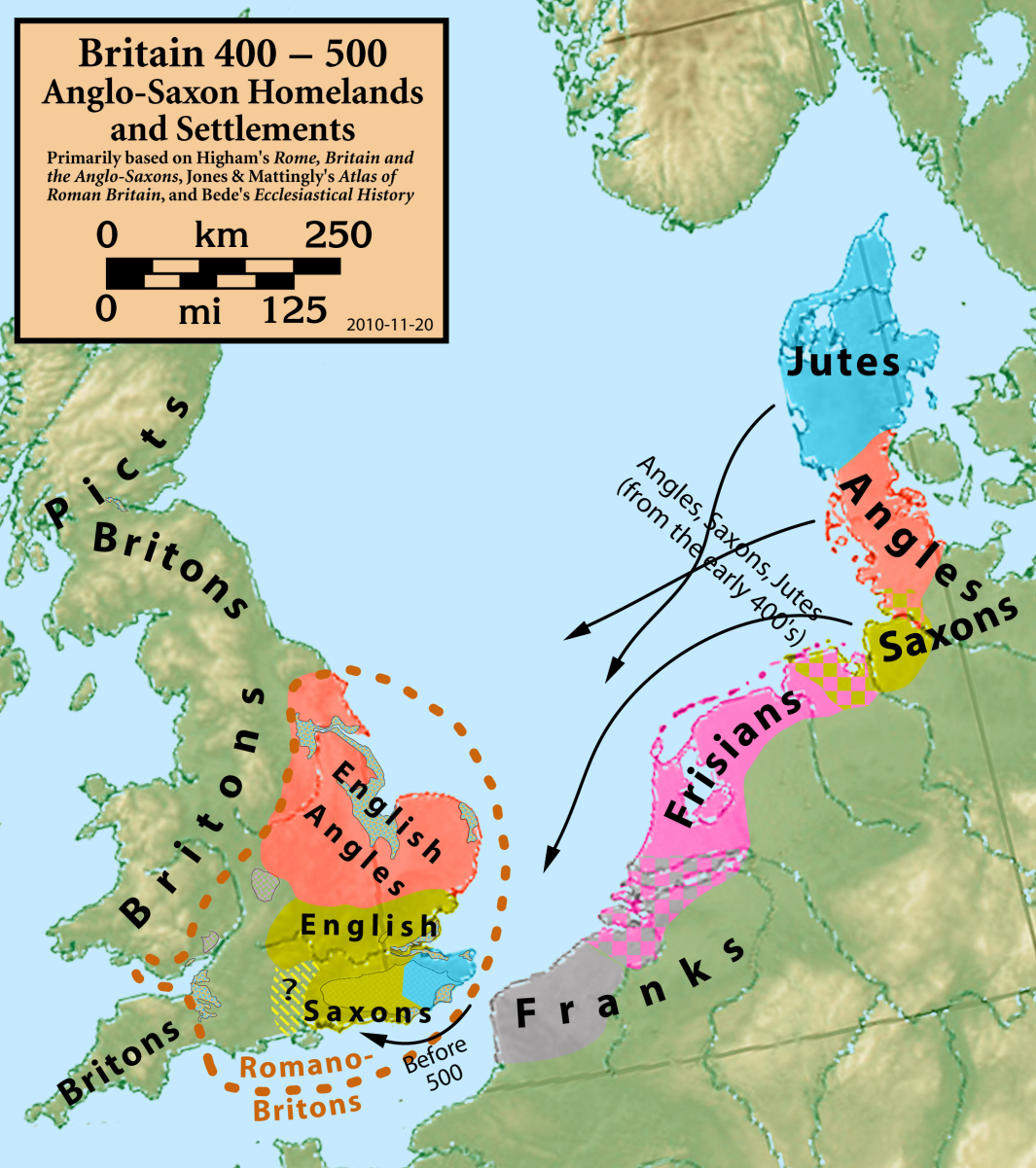 Spread of Angles (red) and Saxons (yellow) around 500 AD