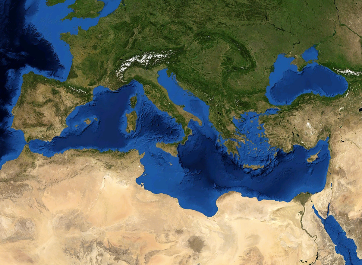 Geographic features of Southern European countries surrounding the Mediterranean Sea.
