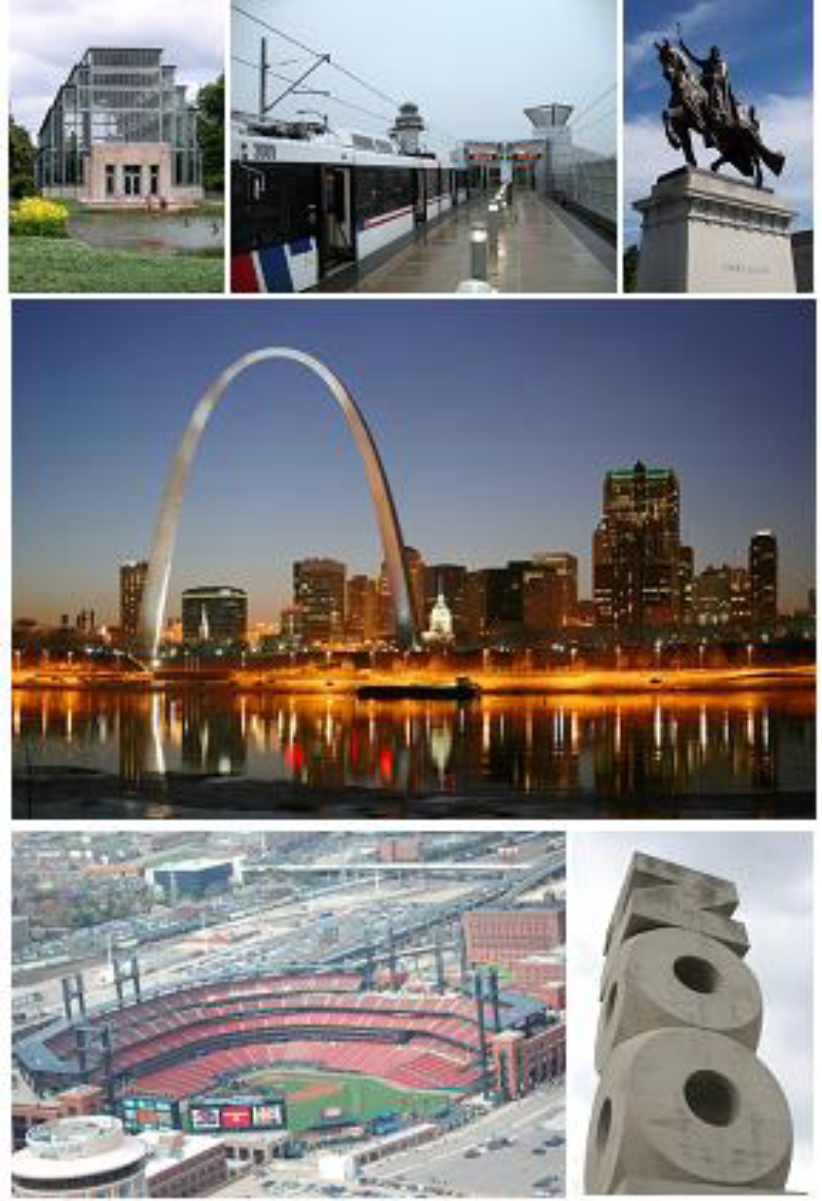 From top left: <a href="/content/Forest_Park_Jewel_Box" style="color:blue">Forest Park Jewel Box</a>, <a href="/content/MetroLink_(St._Louis)" style="color:blue">MetroLink</a> at <a href="/content/Lambert-St._Louis_International_Airport" style="color:blue">Lambert-St. Louis International Airport</a>, <a href="/content/Apotheosis_of_St._Louis" style="color:blue">Apotheosis of St. Louis</a> at the <a href="/content/Saint_Louis_Art_Museum" style="color:blue">St. Louis Art Museum</a>, the <a href="/content/Gateway_Arch" style="color:blue">Gateway Arch</a> and the St. Louis skyline, <a href="/content/Busch_Stadium" style="color:blue">Busch Stadium</a>, and the <a href="/content/St._Louis_Zoo" style="color:blue">St. Louis Zoo</a>