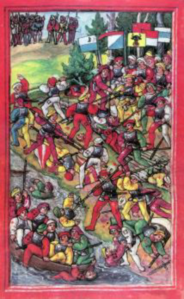 The <a href="/content/Battle_of_Hard" style="color:blue">battle of Hard</a> was the first major battle of the Swabian War. Illustration from the <i><a href="/content/Luzerner_Schilling" style="color:blue">Luzerner Schilling</a></i> of 1513.