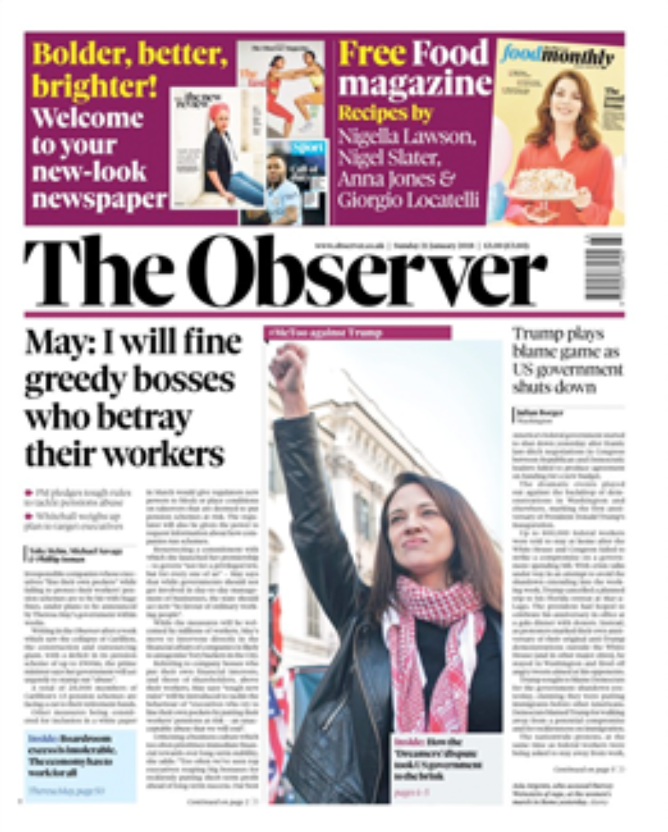 <i>The Observer</i> front page on 21 January 2018