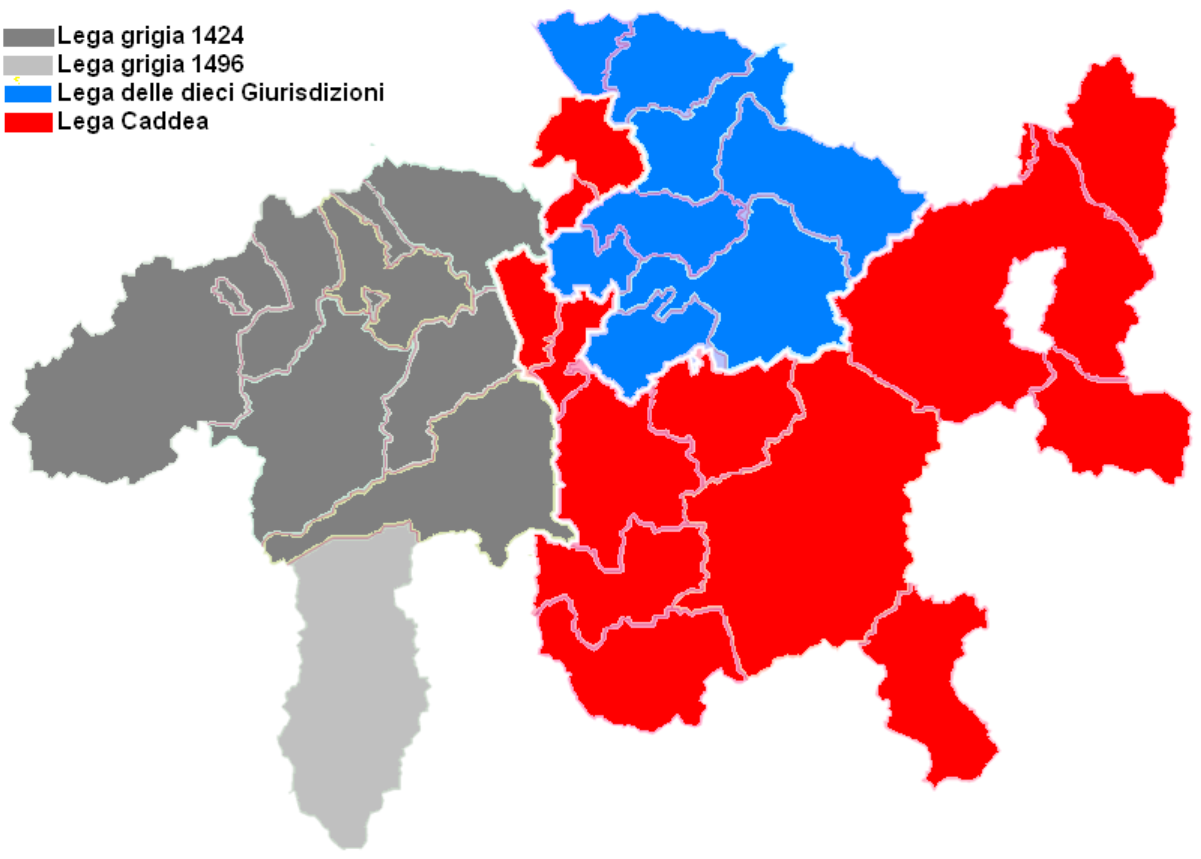 The foundation of the Three Leagues:
<a href="/content/Grey_League" style="color:blue">Grey League</a>, as at 1424
<a href="/content/Moesa_(district)" style="color:blue">Moesa</a>, joined the Grey League in 1496
<a href="/content/League_of_the_Ten_Jurisdictions" style="color:blue">League of the Ten Jurisdictions</a>
<a href="/content/League_of_God%27s_House" style="color:blue">League of God's House</a>