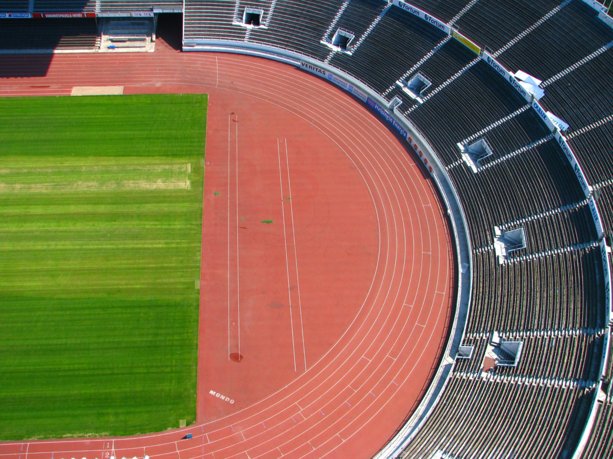 Part of a track and field stadium
