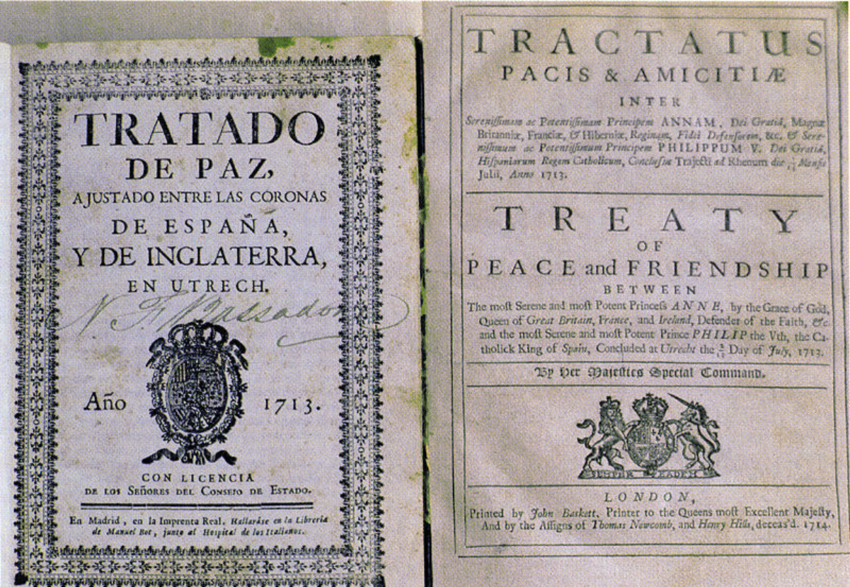 First edition of the 1713 Treaty of Utrecht between Great Britain and Spain in Spanish (left) and a later edition in Latin and English.
