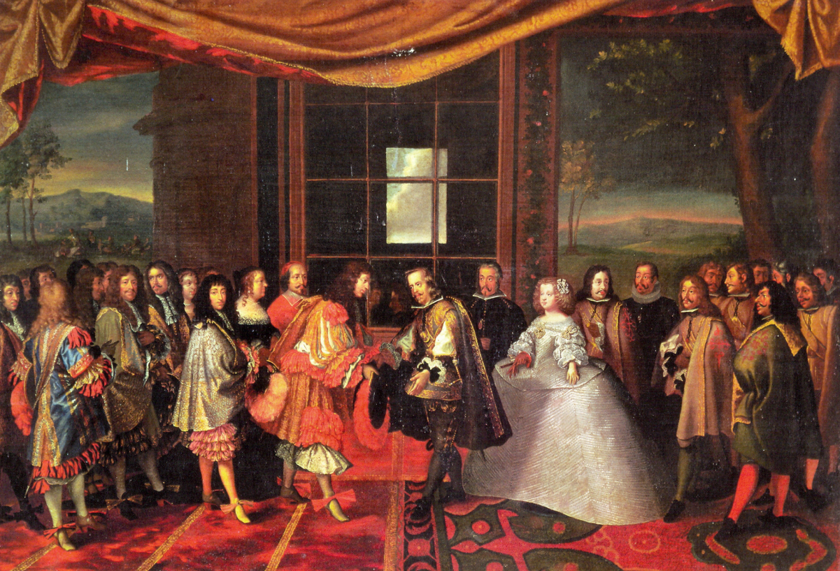 Louis XIV of France and Philip IV of Spain at the <a href="/content/Meeting_on_the_Isle_of_Pheasants" style="color:blue">Meeting on the Isle of Pheasants</a> in June 1660