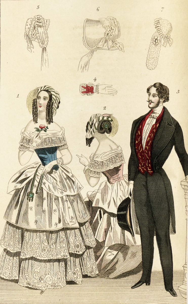1844 <a href="/content/Fashion_plate" style="color:blue">fashion plate</a> depicting fashionable clothing for men and women, including illustrations of a <a href="/content/Glove" style="color:blue">glove</a> and <a href="/content/Bonnet_(headgear)" style="color:blue">bonnets</a>