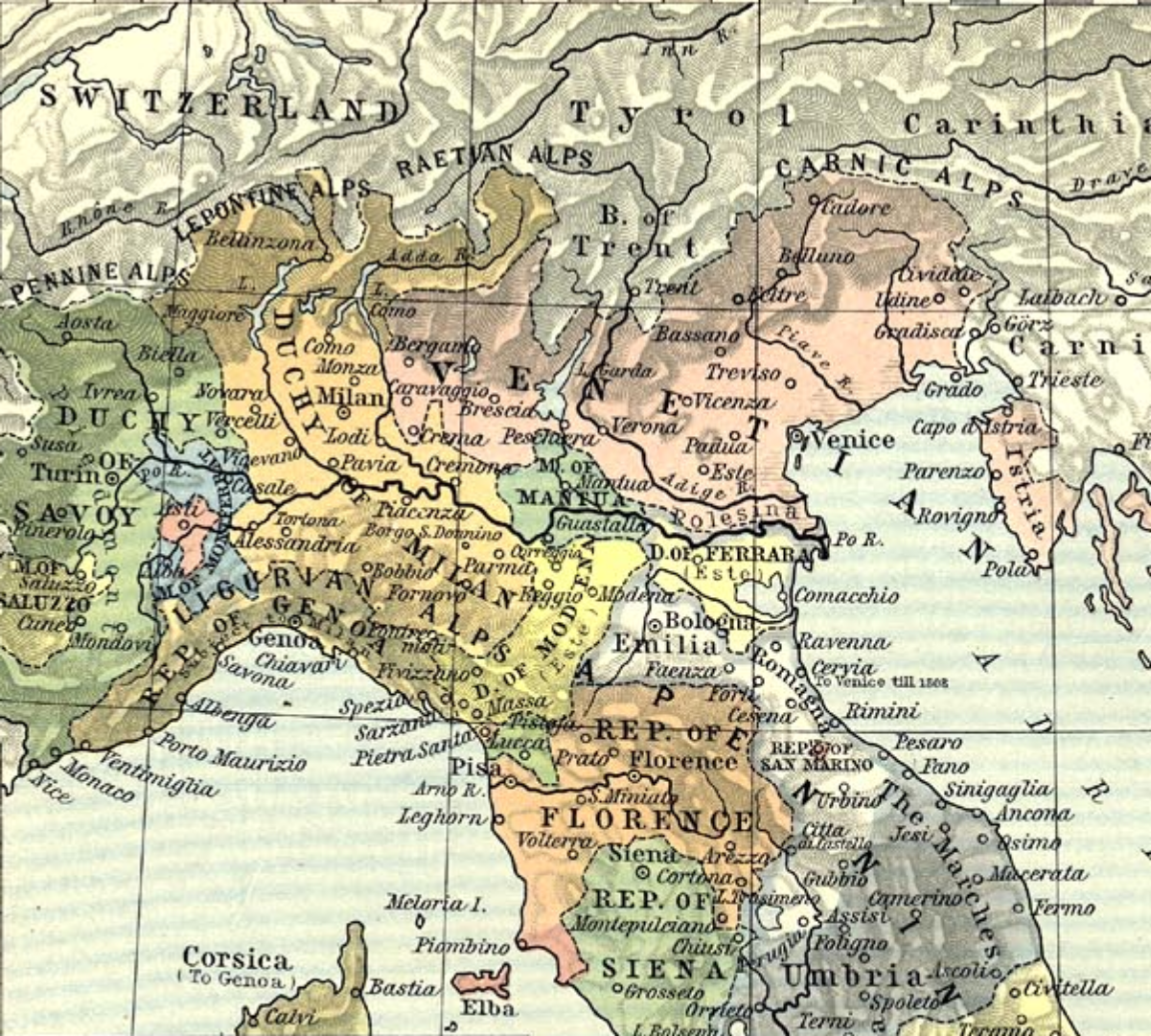 Northern Italy in 1494; by the start of the war in 1508, Louis XII had expelled the <a href="/content/Sforza" style="color:blue">Sforza</a> from the Duchy of Milan and added its territory to France.