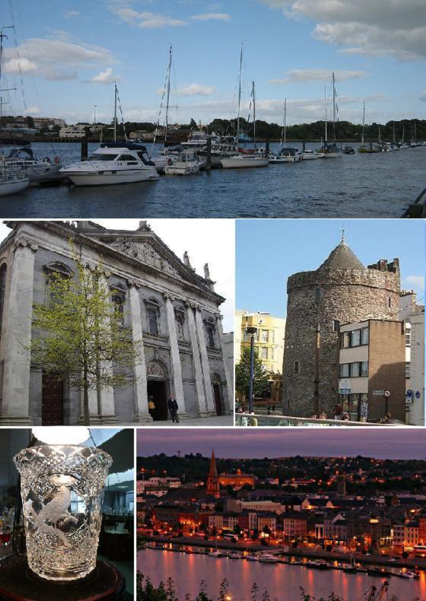 From top, left to right: Waterford Marina, Holy Trinity Cathedral, <a href="/content/Reginald%27s_Tower" style="color:blue">Reginald's Tower</a>, a piece of <a href="/content/Waterford_Crystal" style="color:blue">Waterford Crystal</a>, Waterford City by night.