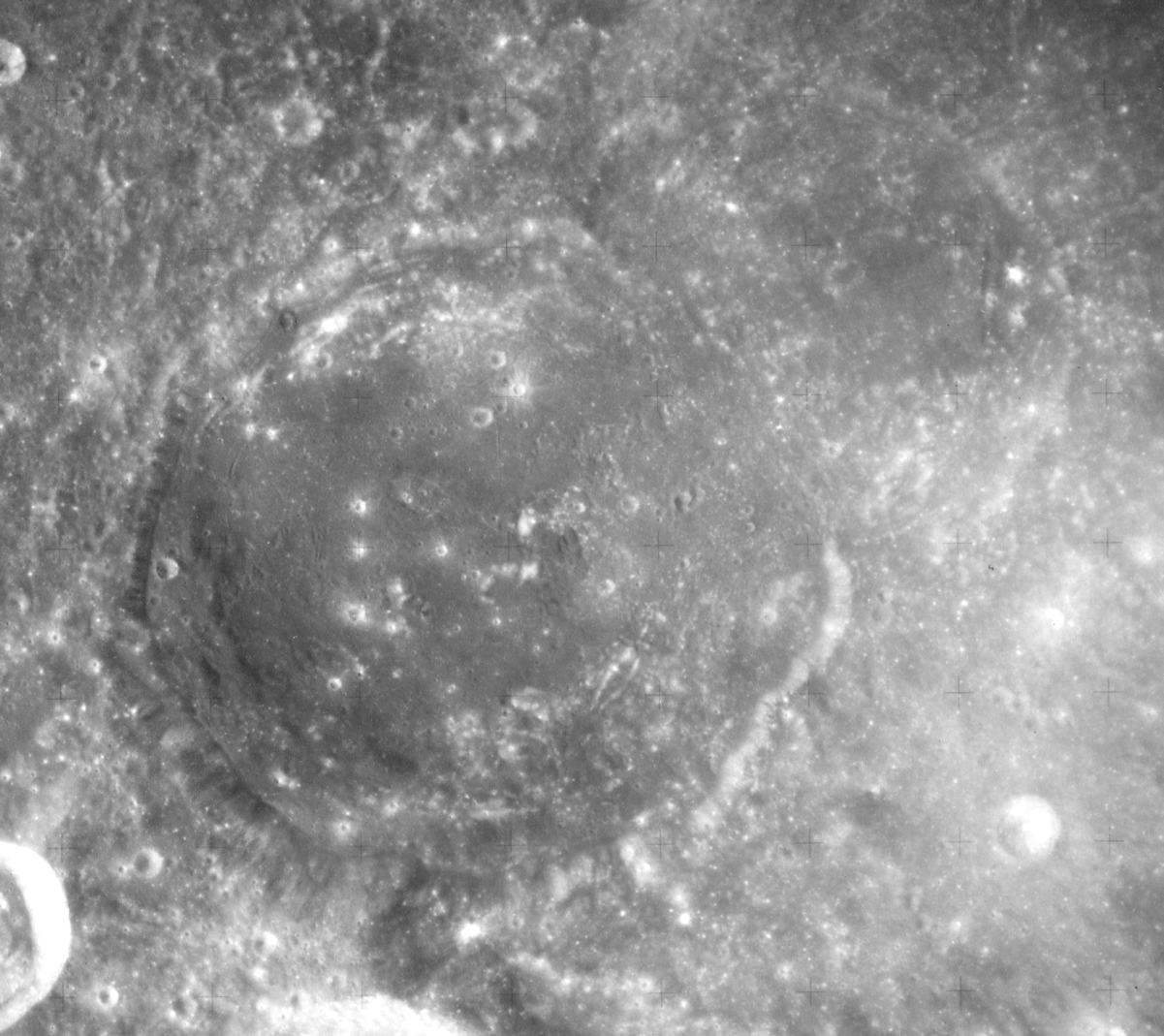 <a href="/content/Apollo_17" style="color:blue">Apollo 17</a> mapping camera image, <a href="/content/Kiess_(crater)" style="color:blue">Kiess</a> at center and Widmannstätten in upper right