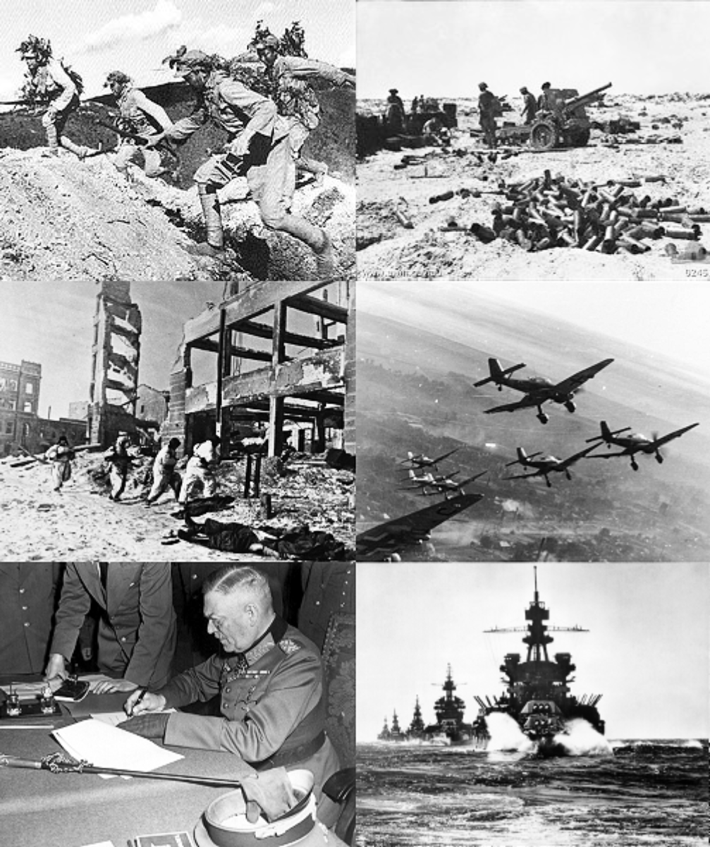 (clockwise from top left)
Chinese forces in the <a href="/content/Battle_of_Wanjialing" style="color:blue">Battle of Wanjialing</a>
Australian <a href="/content/25-pounder" style="color:blue">25-pounder</a> guns during the <a href="/content/First_Battle_of_El_Alamein" style="color:blue">First Battle of El Alamein</a>
German <a href="/content/Junkers_Ju_87" style="color:blue">Stuka</a> dive bombers on the <a href="/content/Eastern_Front_(World_War_II)" style="color:blue">Eastern Front</a> in December 1943
US naval force in the <a href="/content/Invasion_of_Lingayen_Gulf" style="color:blue">Lingayen Gulf</a>
<a href="/content/Wilhelm_Keitel" style="color:blue">Wilhelm Keitel</a> signing the <a href="/content/German_Instrument_of_Surrender" style="color:blue">German Instrument of Surrender</a>
Soviet troops in the <a href="/content/Battle_of_Stalingrad" style="color:blue">Battle of Stalingrad</a>