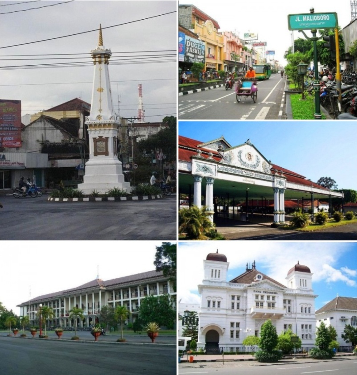 From top left, clockwise:<a href="/content/Tugu_Yogyakarta" style="color:blue">Tugu Monument</a>, <a href="/content/Jalan_Malioboro" style="color:blue">Jalan Malioboro</a>, <a href="/content/Kraton_Ngayogyakarta_Hadiningrat" style="color:blue">Kraton Yogyakarta</a>, Bank Indonesia Yogyakarta, <a href="/content/Gadjah_Mada_University" style="color:blue">Gadjah Mada University</a>