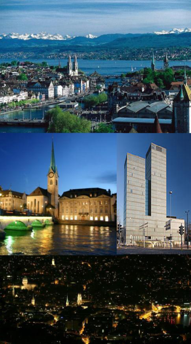 <i>Top</i>: View over Zürich and the <a href="/content/Lake_Z%C3%BCrich" style="color:blue">lake</a><i>Middle</i>: <a href="/content/Fraum%C3%BCnster" style="color:blue">Fraumünster Church</a> on the river <a href="/content/Limmat" style="color:blue">Limmat</a> (left) and the Sunrise Tower (right)<i>Bottom</i>: Night view of Zürich from <a href="/content/Uetliberg" style="color:blue">Uetliberg</a>