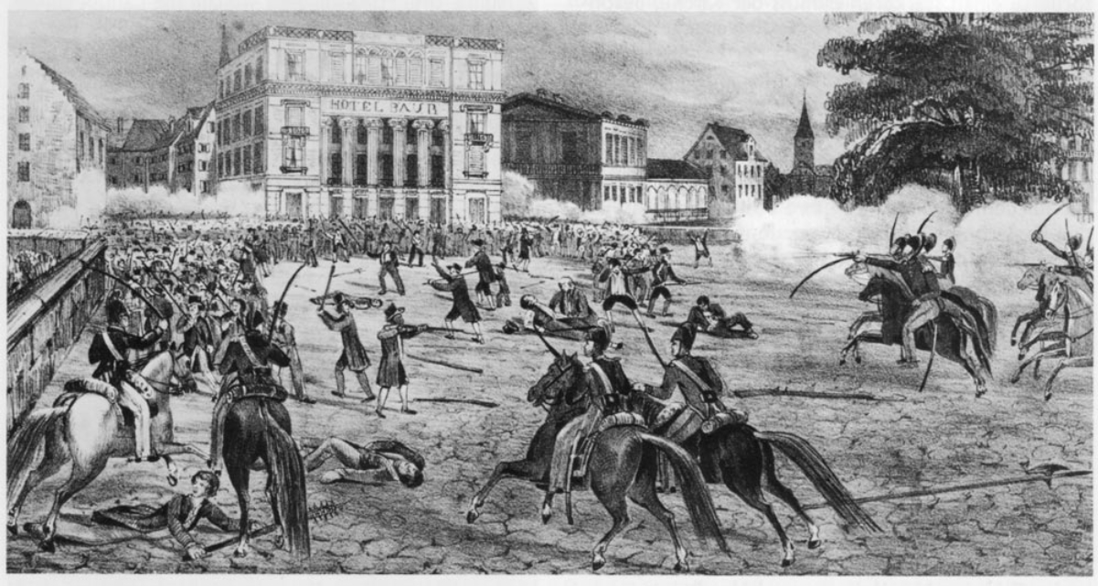 Fighting on the <a href="/content/Paradeplatz" style="color:blue">Paradeplatz</a> (Lithography, Zentralbibliothek Zürich)