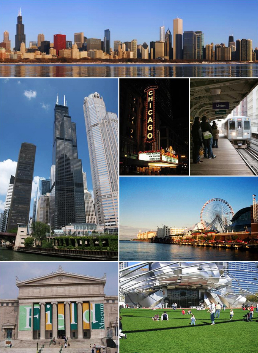 Clockwise from top: <a href="/content/Chicago_Loop" style="color:blue">Downtown</a>, the <a href="/content/Chicago_Theatre" style="color:blue">Chicago Theatre</a>, the <a href="/content/Chicago_%22L%22" style="color:blue">'L'</a>, <a href="/content/Navy_Pier" style="color:blue">Navy Pier</a>, the <a href="/content/Jay_Pritzker_Pavilion" style="color:blue">Pritzker Pavilion</a>, the <a href="/content/Field_Museum" style="color:blue">Field Museum</a>, and <a href="/content/Willis_Tower" style="color:blue">Willis Tower</a>