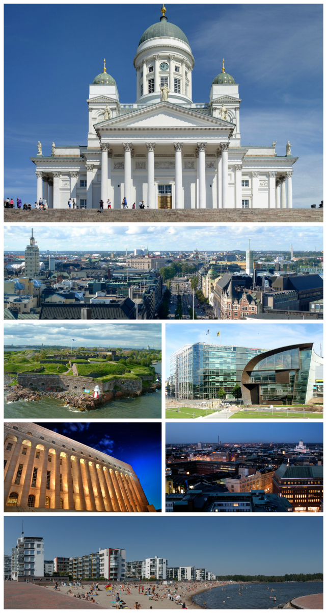 Clockwise from top: <a href="/content/Helsinki_Cathedral" style="color:blue">Helsinki Cathedral</a>, view of central Helsinki, <a href="/content/Sanoma" style="color:blue">Sanoma</a> building and <a href="/content/Kiasma" style="color:blue">Kiasma</a>, Helsinki city centre at night, beaches at <a href="/content/Aurinkolahti" style="color:blue">Aurinkolahti</a>, <a href="/content/Parliament_House,_Helsinki" style="color:blue">Parliament House</a> and <a href="/content/Suomenlinna" style="color:blue">Suomenlinna</a>.