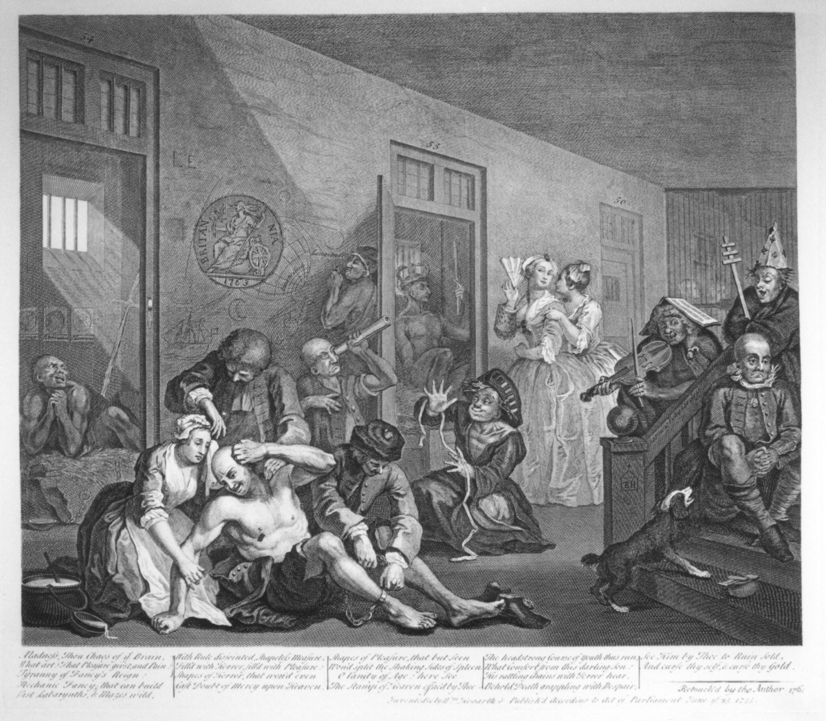 Engraving of the eighth print of <i><a href="/content/A_Rake%27s_Progress" style="color:blue">A Rake's Progress</a></i>, depicting inmates at <a href="/content/Bethlem_Royal_Hospital" style="color:blue">Bedlam Asylum</a>, by <a href="/content/William_Hogarth" style="color:blue">William Hogarth</a>.