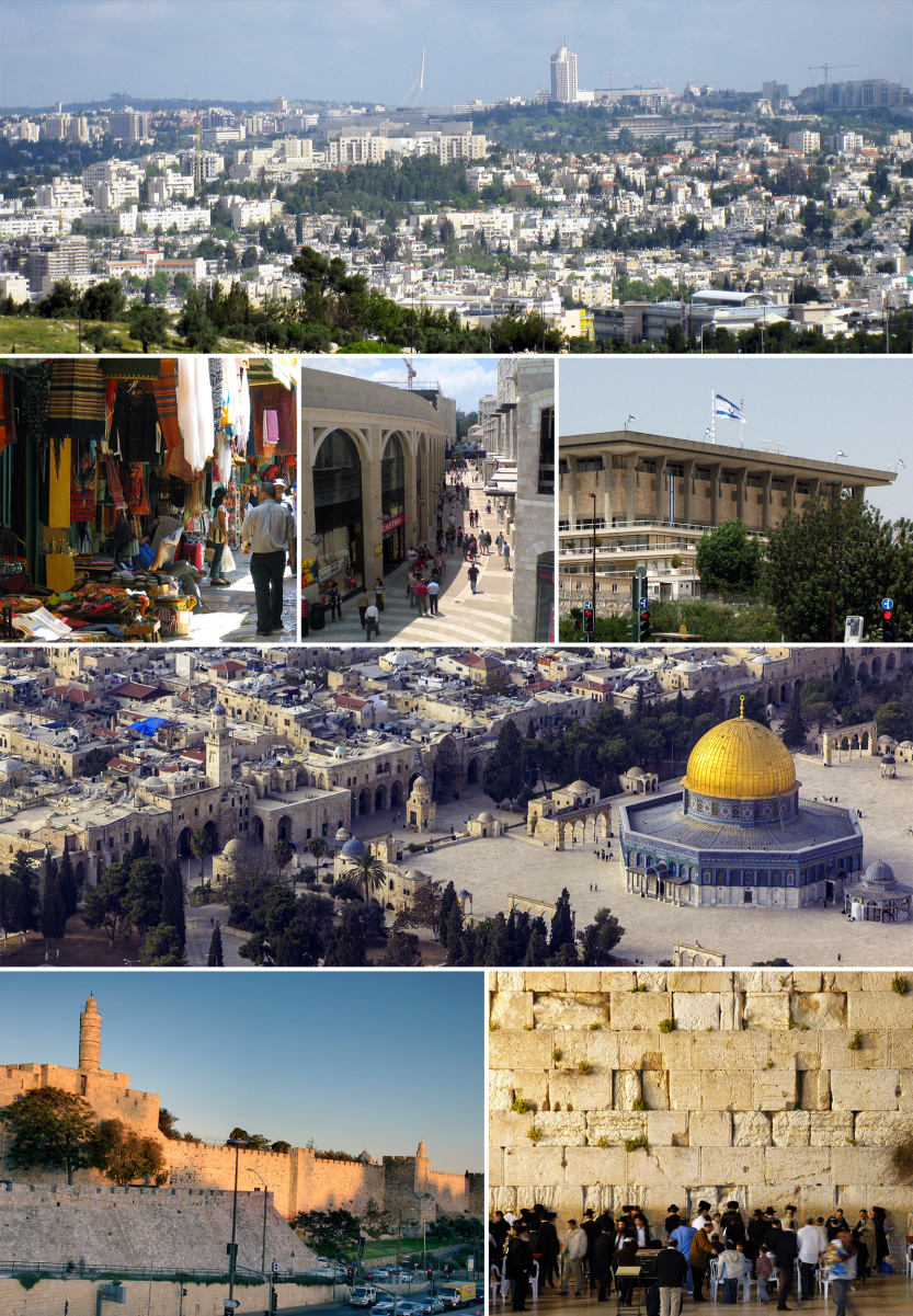 From upper left: Jerusalem skyline looking north from <a href="/content/Mar_Elias_Monastery" style="color:blue">St. Elijah Monastery</a>, a <a href="/content/Souq" style="color:blue">souq</a> in the <a href="/content/Old_City_(Jerusalem)" style="color:blue">Old City</a>, <a href="/content/Mamilla_Mall" style="color:blue">Mamilla Mall</a>, the <a href="/content/Knesset" style="color:blue">Knesset</a>, the <a href="/content/Dome_of_the_Rock" style="color:blue">Dome of the Rock</a>, the citadel (known as the <a href="/content/Tower_of_David" style="color:blue">Tower of David</a>) and the <a href="/content/Walls_of_Jerusalem" style="color:blue">Old City walls</a>, and the <a href="/content/Western_Wall" style="color:blue">Western Wall</a>.