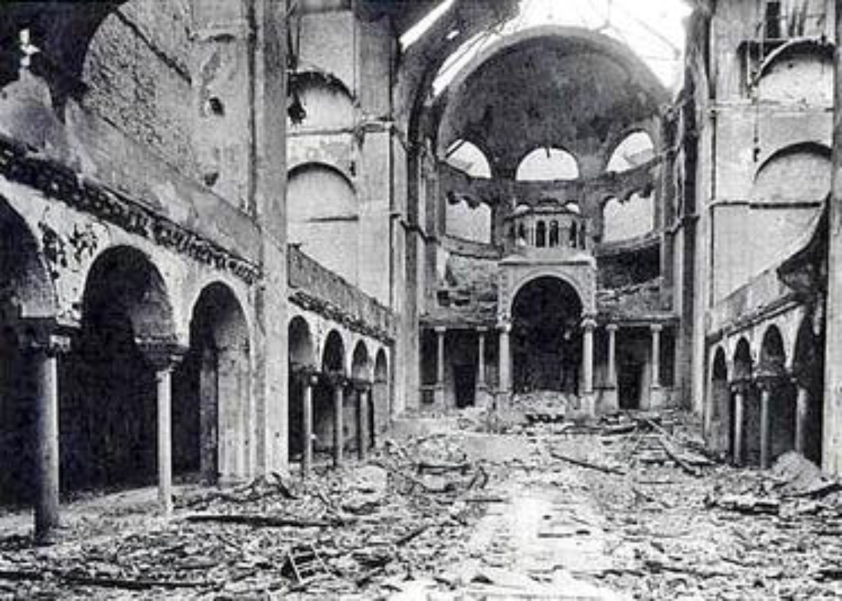 The interior of the <a href="/content/Fasanenstrasse_Synagogue" style="color:blue">Fasanenstrasse Synagogue</a> in Berlin after <i>Kristallnacht</i>