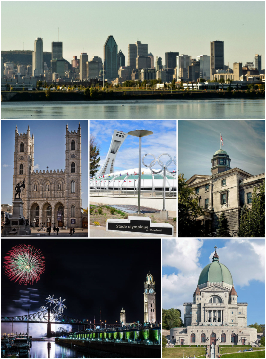 From top to bottom, left to right: <a href="/content/Downtown_Montreal" style="color:blue">Downtown Montreal</a>, <a href="/content/Notre-Dame_Basilica_(Montreal)" style="color:blue">Notre-Dame Basilica</a>, <a href="/content/Olympic_Stadium_(Montreal)" style="color:blue">Olympic Stadium</a>, <a href="/content/McGill_University" style="color:blue">McGill University</a>, <a href="/content/Old_Montreal" style="color:blue">Old Montreal</a> featuring the <a href="/content/Montreal_Clock_Tower" style="color:blue">Clock Tower</a> and <a href="/content/Jacques_Cartier_Bridge" style="color:blue">Jacques Cartier Bridge</a> at the <a href="/content/Montreal_Fireworks_Festival" style="color:blue">Fireworks Festival</a>, <a href="/content/Saint_Joseph%27s_Oratory" style="color:blue">Saint Joseph's Oratory</a>