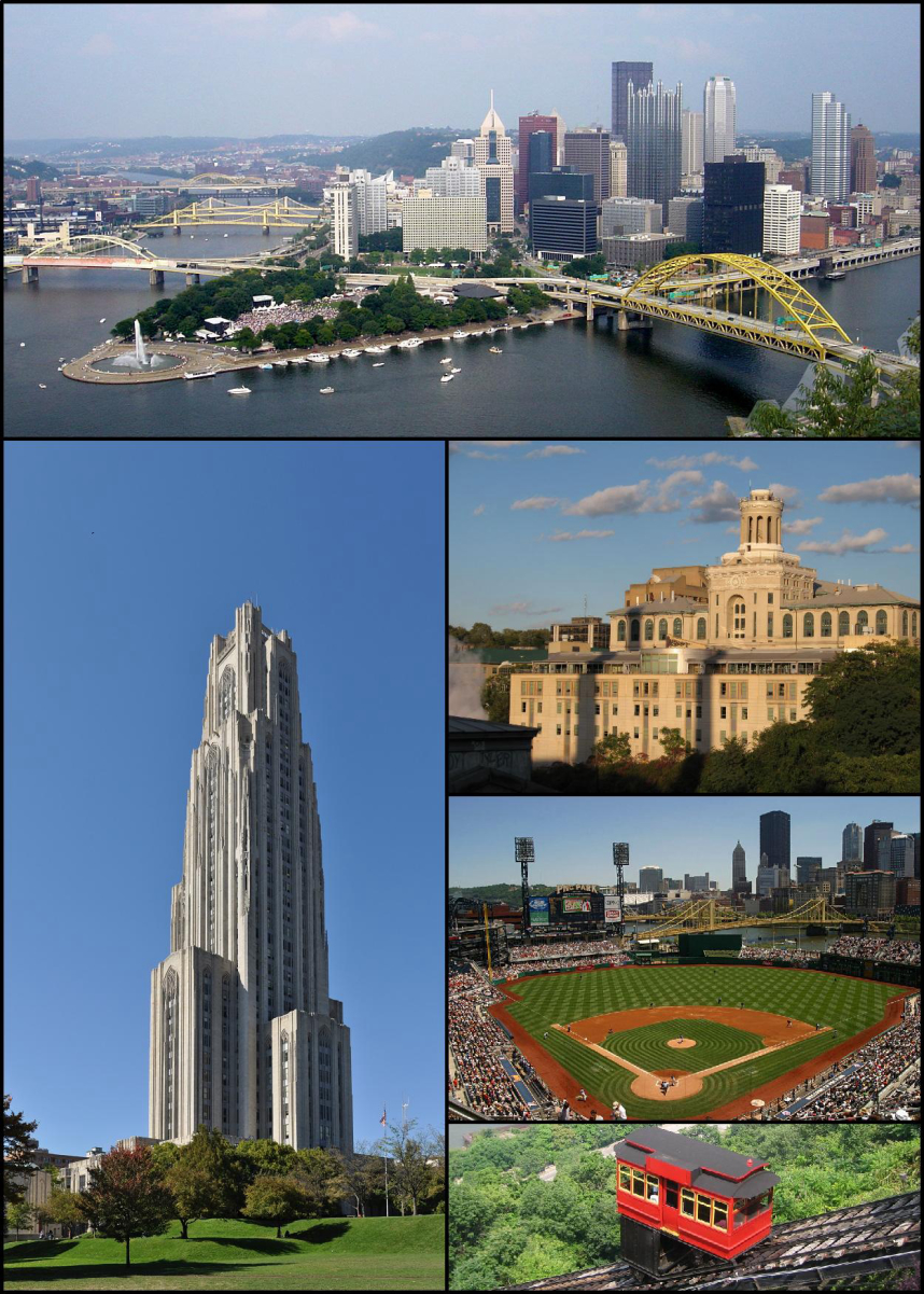 Clockwise from top: Pittsburgh skyline; <a href="/content/Carnegie_Mellon_University" style="color:blue">Carnegie Mellon University</a>; <a href="/content/PNC_Park" style="color:blue">PNC Park</a>; <a href="/content/Duquesne_Incline" style="color:blue">Duquesne Incline</a>; <a href="/content/Cathedral_of_Learning" style="color:blue">Cathedral of Learning</a> at the <a href="/content/University_of_Pittsburgh" style="color:blue">University of Pittsburgh</a>