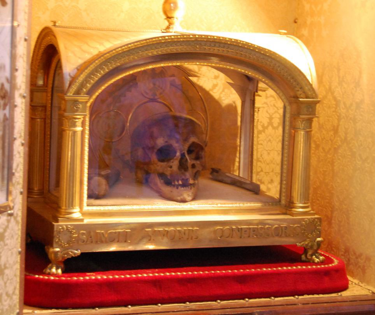 Reliquary and skull of Saint <a href="/content/Ivo_of_Kermartin" style="color:blue">Ivo of Kermartin</a> (St. Yves or St. Ives), (1253–1303) in <a href="/content/Tr%C3%A9guier" style="color:blue">Tréguier</a>, <a href="/content/Brittany" style="color:blue">Brittany</a>, France