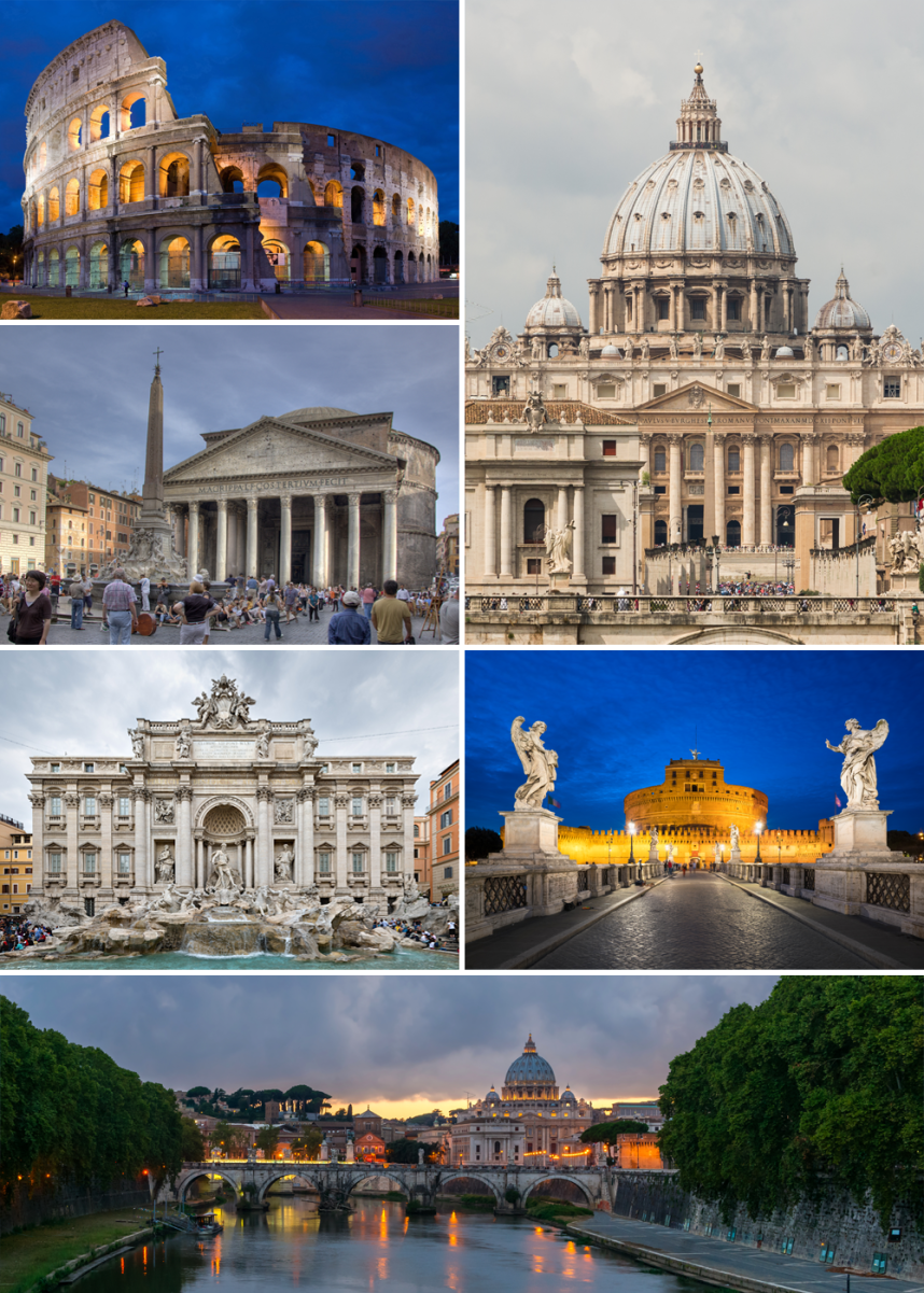 Clockwise from top: the <a href="/content/Colosseum" style="color:blue">Colosseum</a>, <a href="/content/St._Peter%27s_Basilica" style="color:blue">St. Peter's Basilica</a>, <a href="/content/Castel_Sant%27Angelo" style="color:blue">Castel Sant'Angelo</a>, <a href="/content/Ponte_Sant%27Angelo" style="color:blue">Ponte Sant'Angelo</a>, <a href="/content/Trevi_Fountain" style="color:blue">Trevi Fountain</a> and the <a href="/content/Pantheon,_Rome" style="color:blue">Pantheon</a>