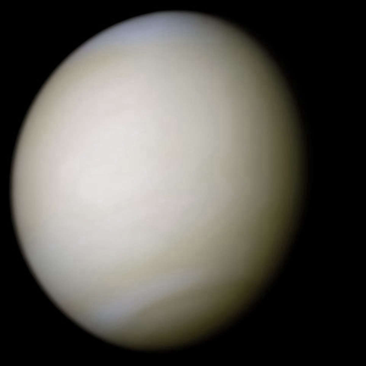 A real-colour image taken by <i><a href="/content/Mariner_10" style="color:blue">Mariner 10</a></i> processed from two filters; the surface is obscured by thick <a href="/content/Sulfuric_acid" style="color:blue">sulfuric acid</a> clouds